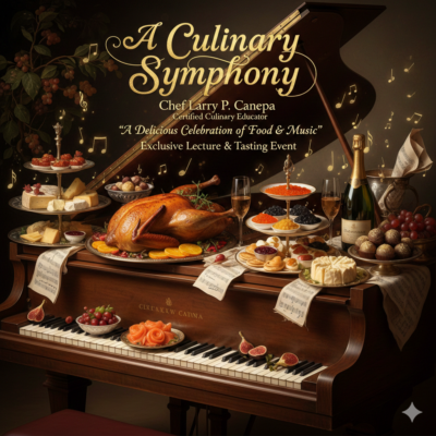 A Culinary Symphony. Image of elegant food displayed on a piano.