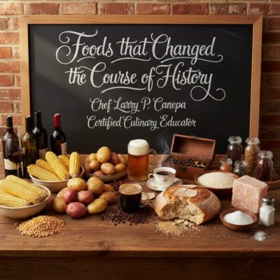 Foods that Changed the Course of History - Image of a chef's kitchen with food, wine, and other culinary items displayed.