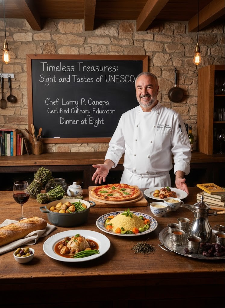 Chef Larry P Canepa with a table of food standing in front of a chalkboard that reads, "Timeless Treasures: Sights and Tastes of UNESCO."